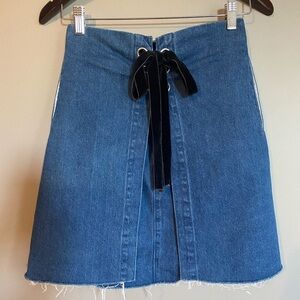 Peacebird Layered Denim Skirt Front Tie Side Pockets Blue Belted Size S